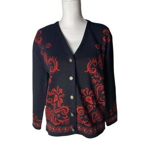 Pendleton Vtg Wool Cardigan Sweater Women Sz Medium Holiday Christmas Black Red